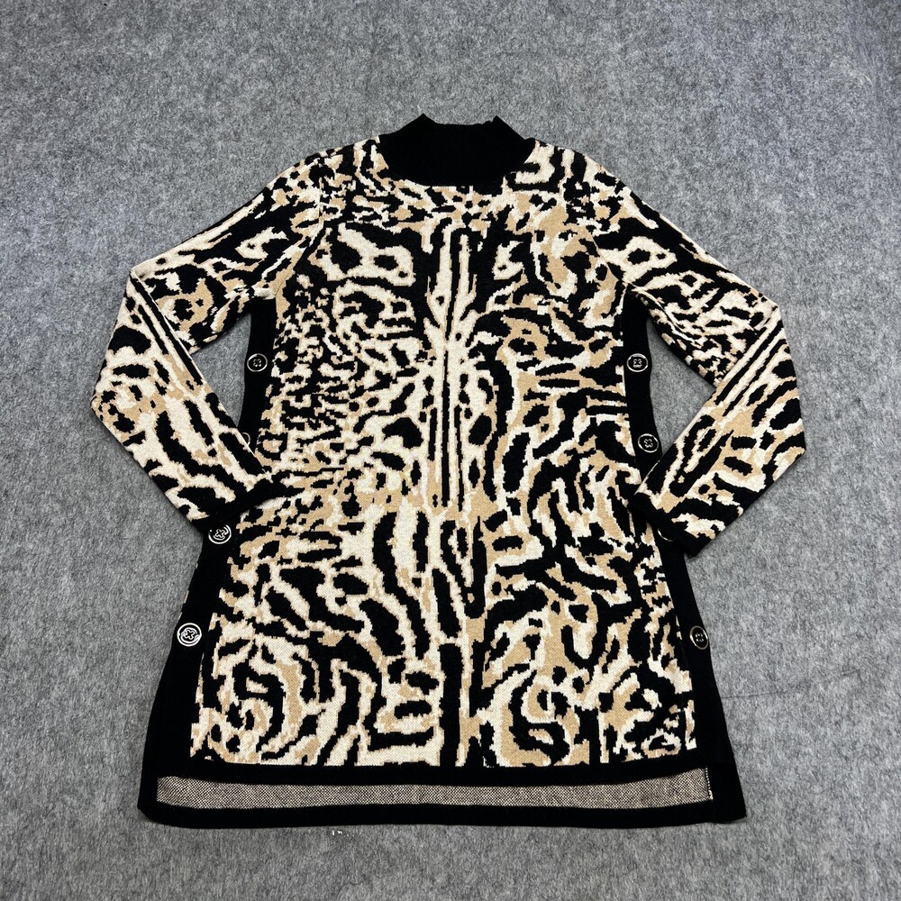Chicos Sweater Tunic Womens Small 0 Beige Animal Print Mock Neck Cashmere Blend